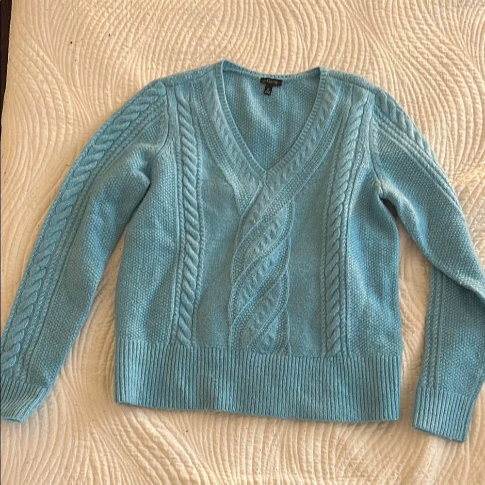Talbots Blue V-Neck Sweater with Cable Knit Design